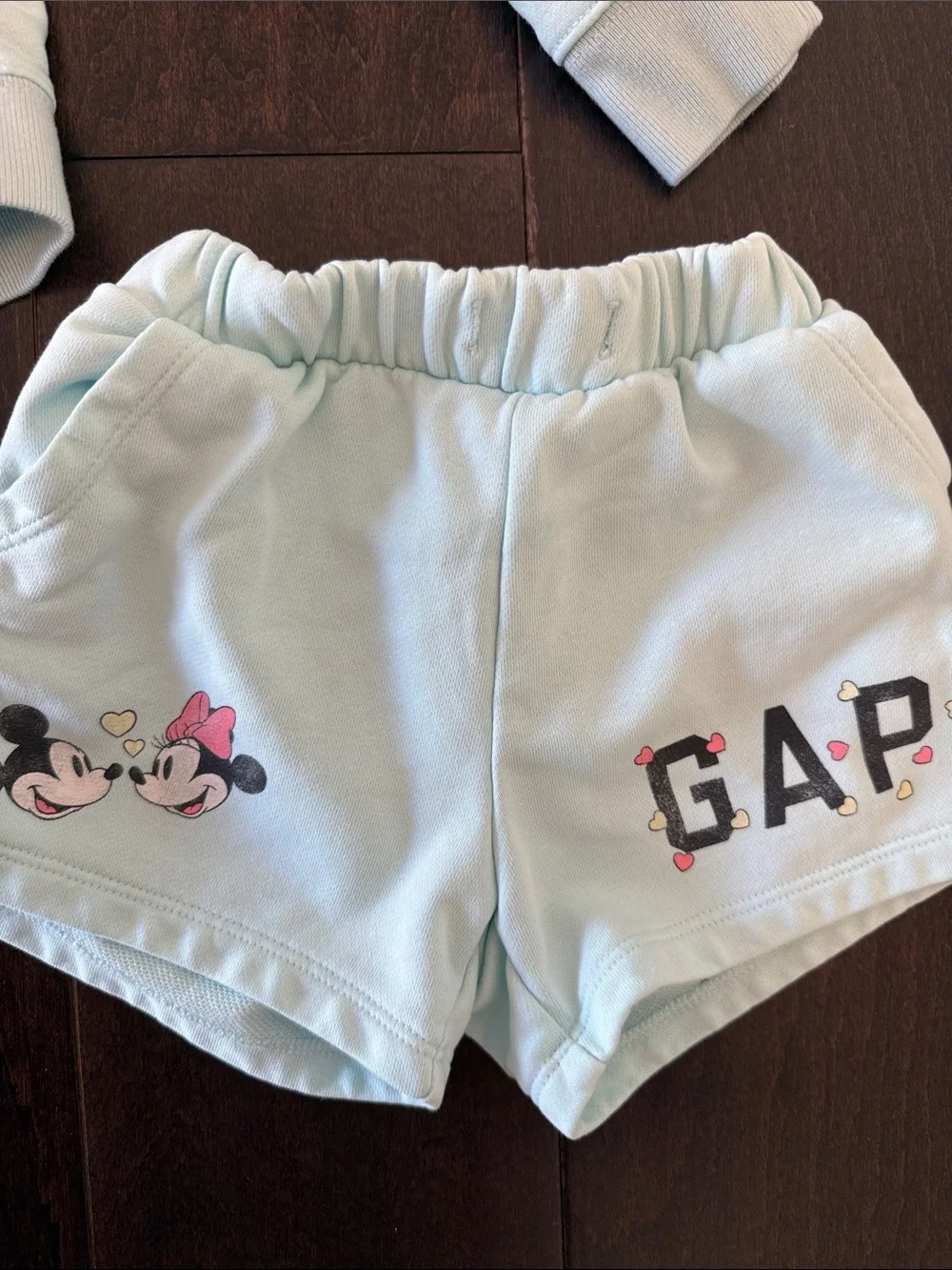 Gap Disney Mint Hoodie with Minnie Pink Bow & Mickey Graphic and matching shorts